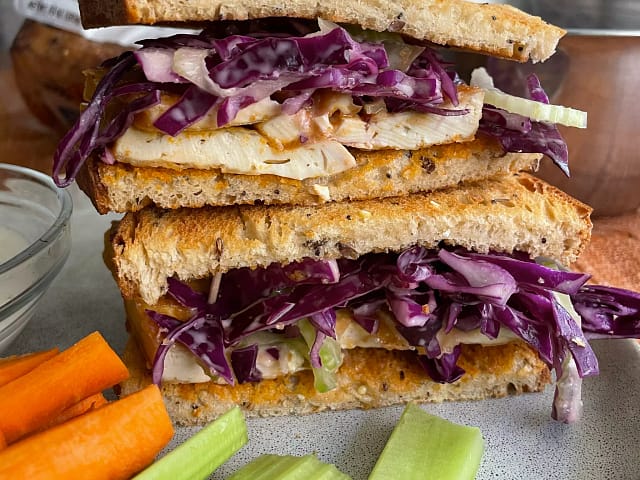 Buffalo Tofu Ranch Slaw Sandwiches