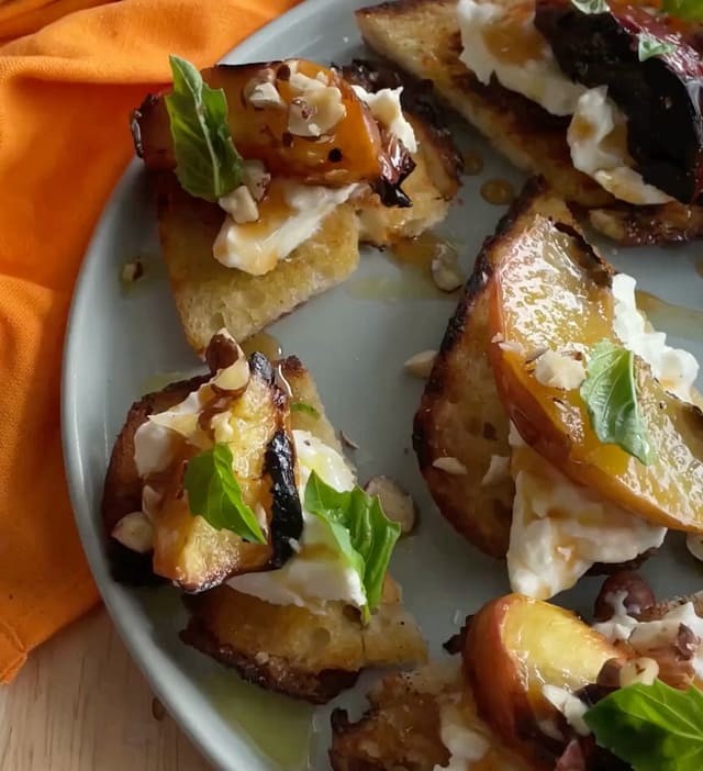 Grilled Peach, Burrata, and Hot Honey Crostini